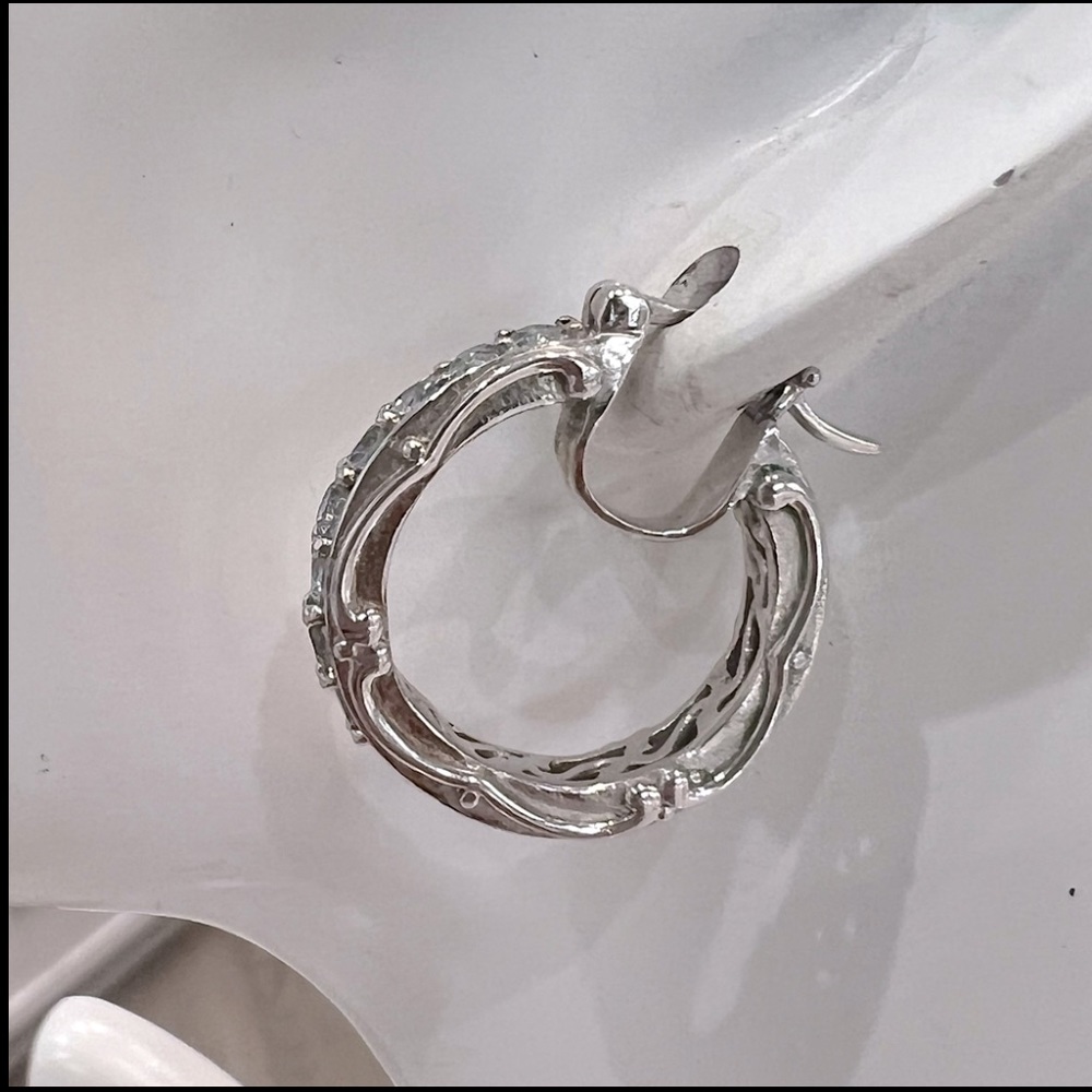 Sky Blue Topaz Silver Scroll Detailed Hoop Earrings - Picture 9 of 14